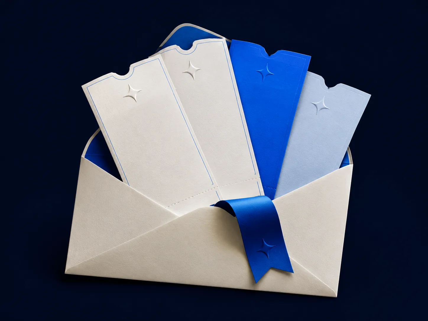 Subscription passes fan out from a paper envelope with a blue ribbon, representing flexible plans with included AI credits.