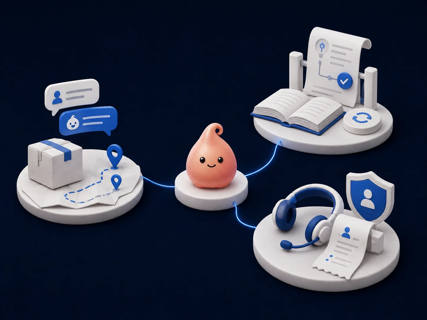 Three-state AI agent Yuna connects three scenes: customer package tracking on the left, owner review of knowledge and learning suggestions at the upper right, and human agents taking over high-risk cases with a conversation summary at the lower right.