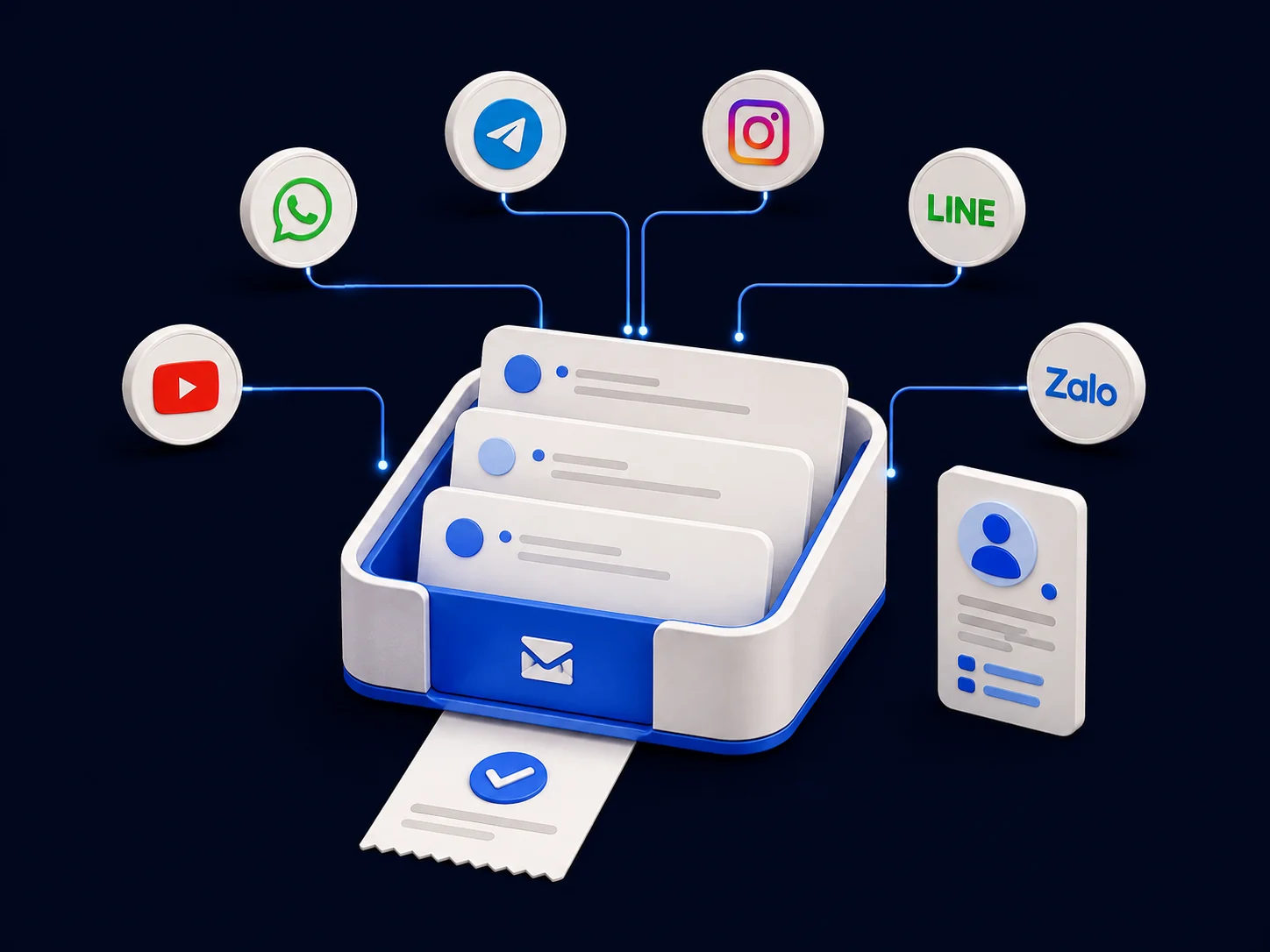 WhatsApp, Telegram, Instagram, LINE, Zalo and YouTube feed one inbox tray, with a shared customer-profile card and delivery receipt beside it.