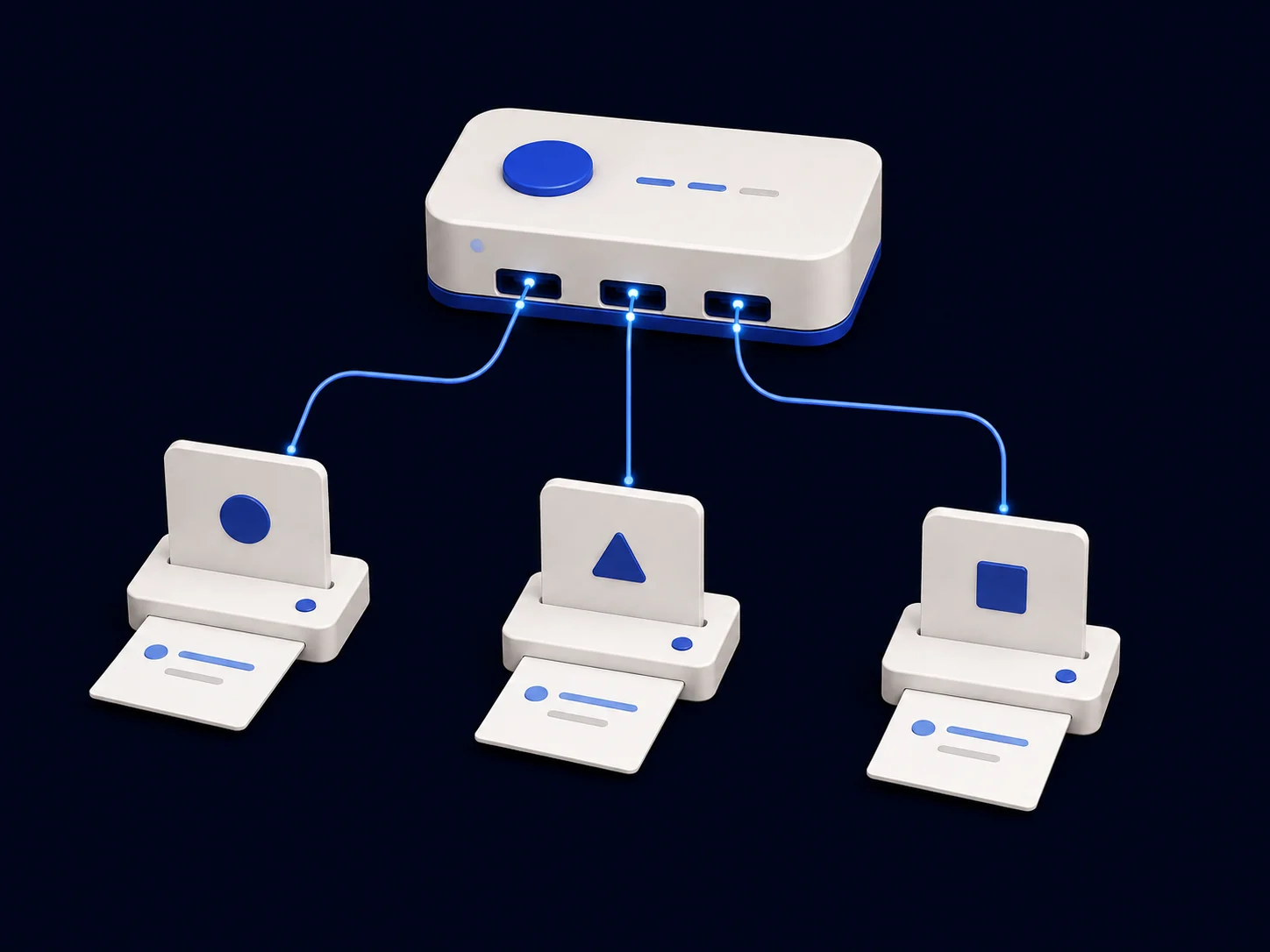 A shared delivery hub connects three separate client kits, each retaining its own brand symbol and message documents.