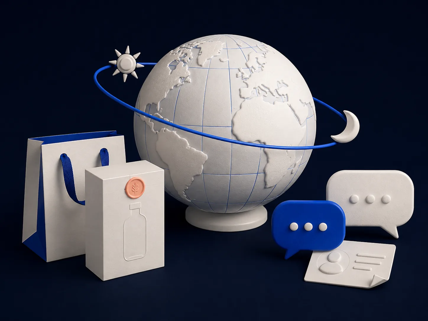 A globe with day and night cues connects brand products and customer conversations for DTC support across time zones.