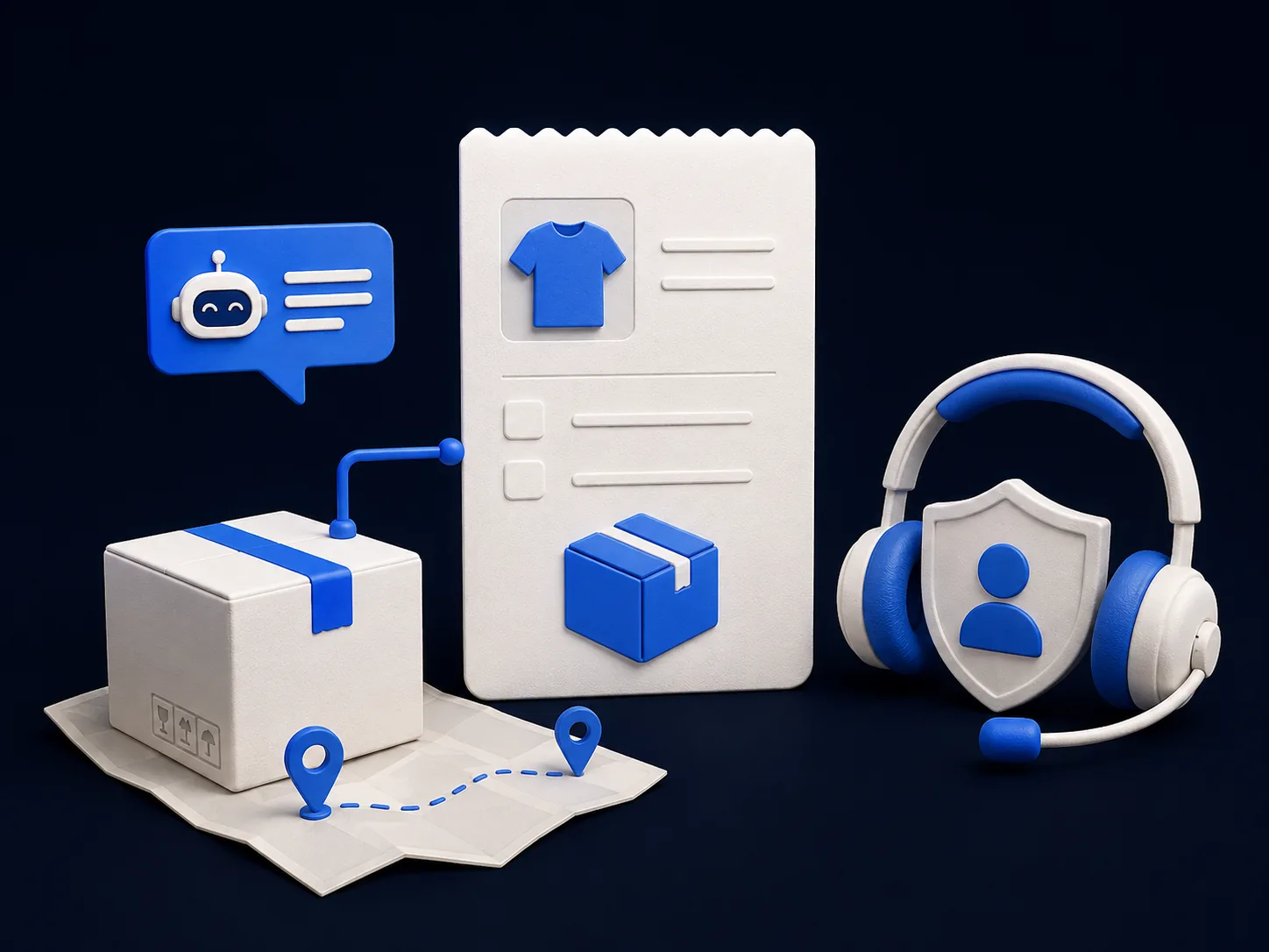 An order card connects a shipment and a support agent, illustrating AI order assistance with human support for complex cases.