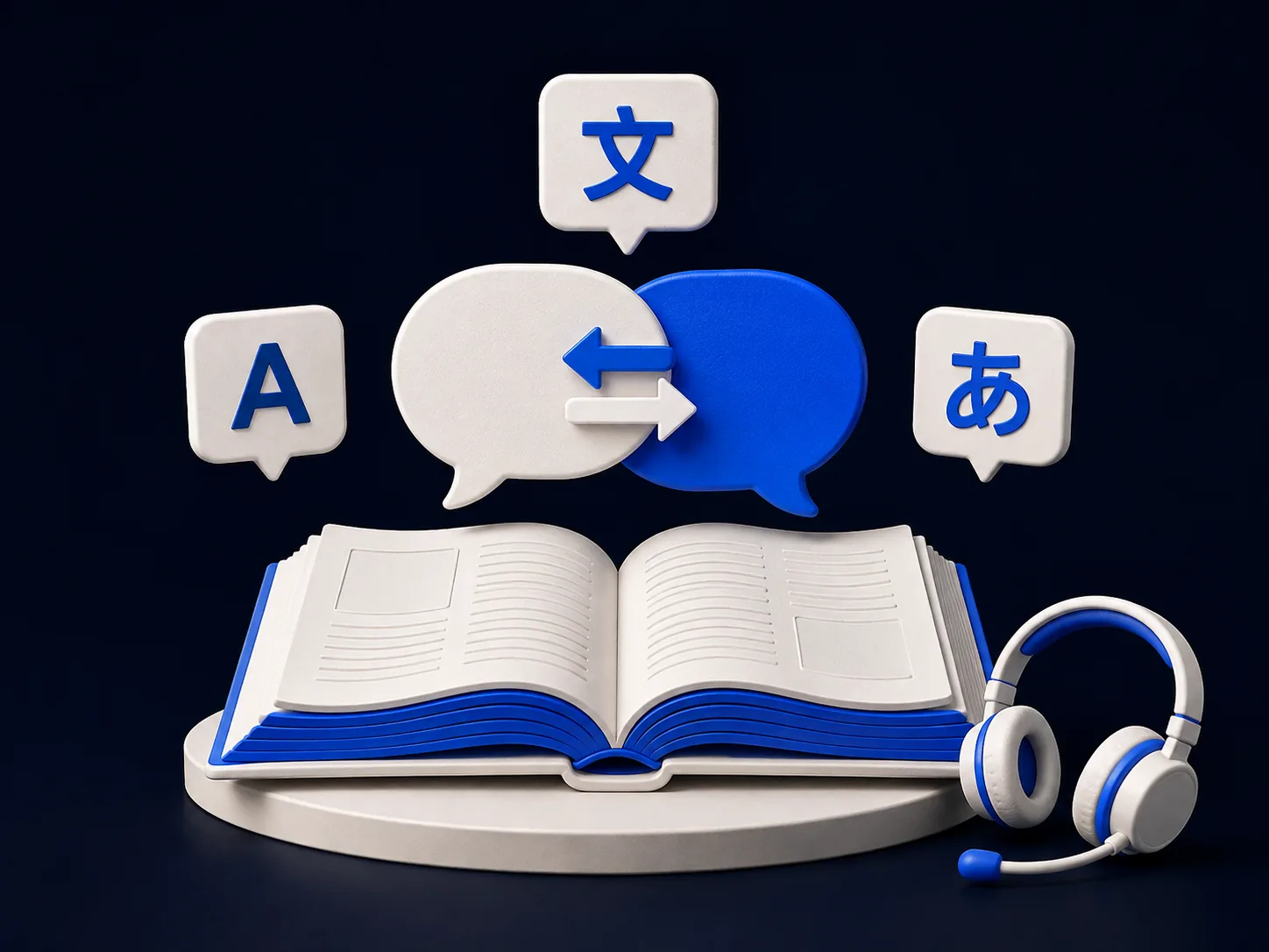 A shared knowledge base connects multilingual conversations and two-way translation, with a headset representing agent support.