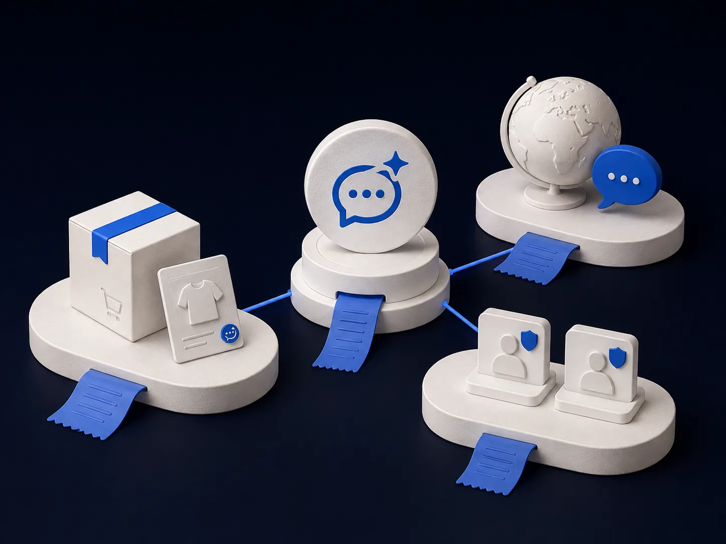 A shared AI support hub connects ecommerce orders, global brands, and agency client spaces.