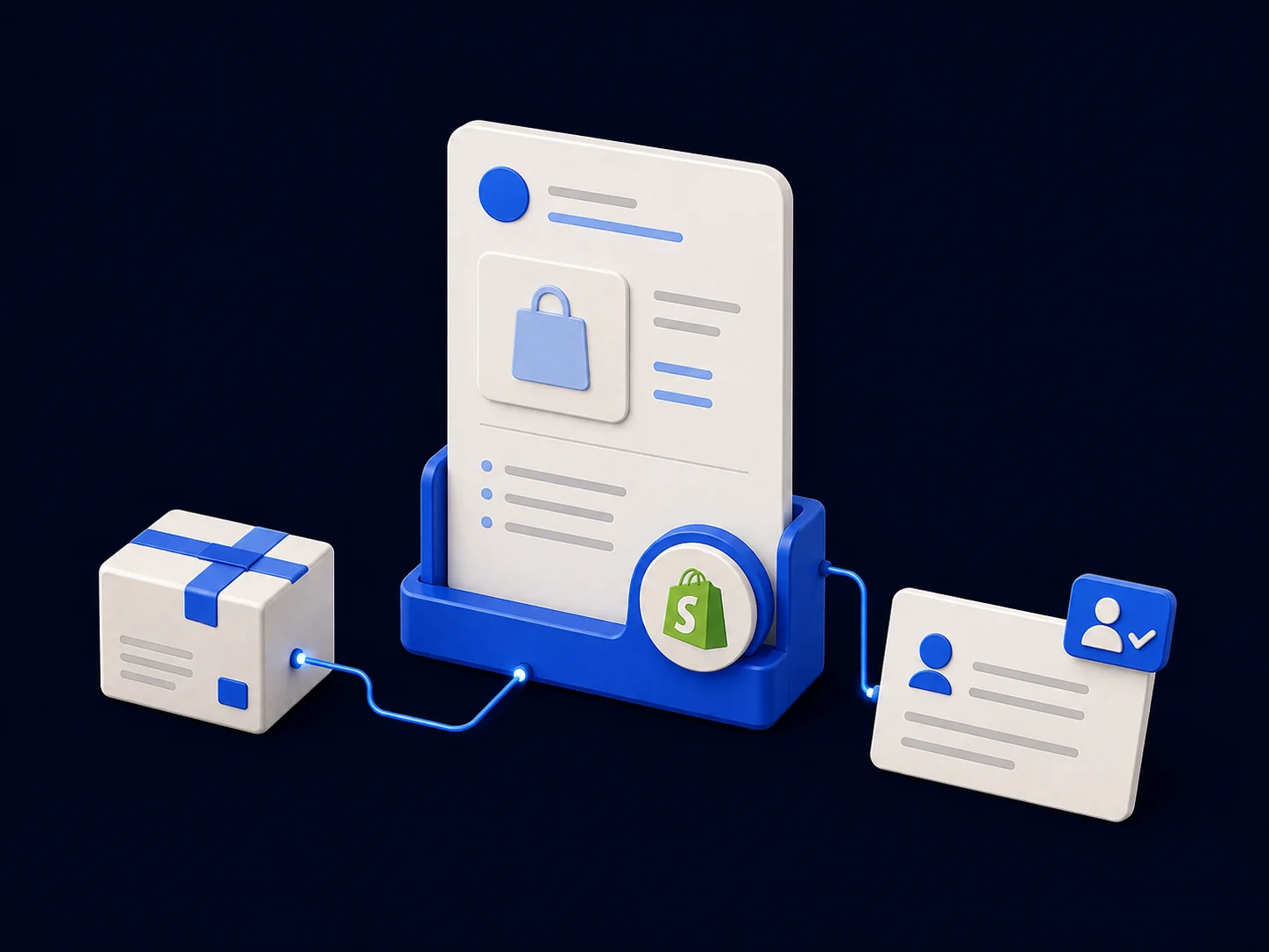 An order stand with a Shopify badge connects a parcel and customer message, with a human-review tab for actions requiring approval.