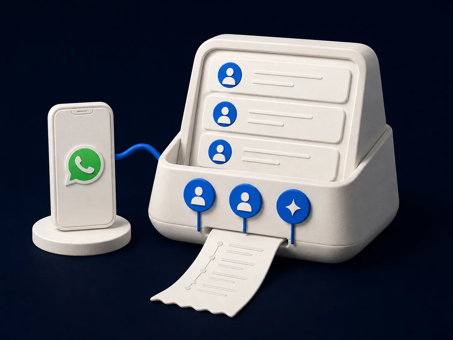 One WhatsApp phone connects to a shared team inbox where AI and agents work with the same conversation history.