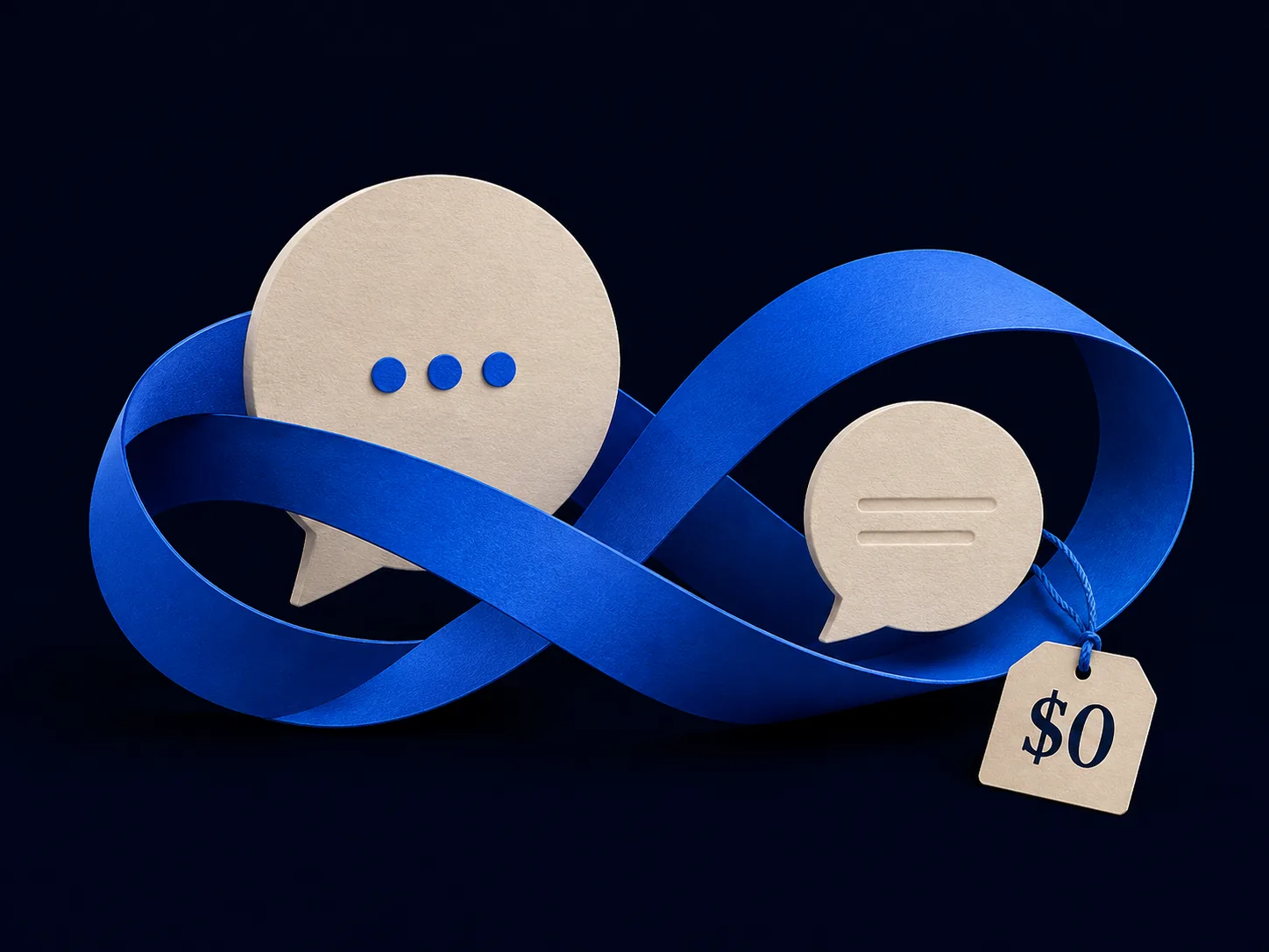 A blue infinity ribbon weaves through two paper speech bubbles beside a $0 tag, representing free access and unlimited conversations and messages.