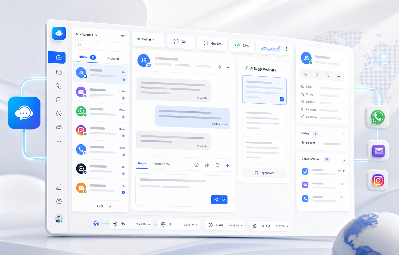 yundadesk product concept showing channels, customer conversations, AI suggestions and customer profiles