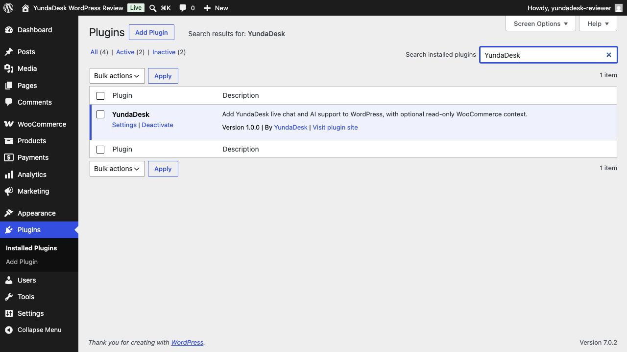 Search for and install YundaDesk from the WordPress plugin screen