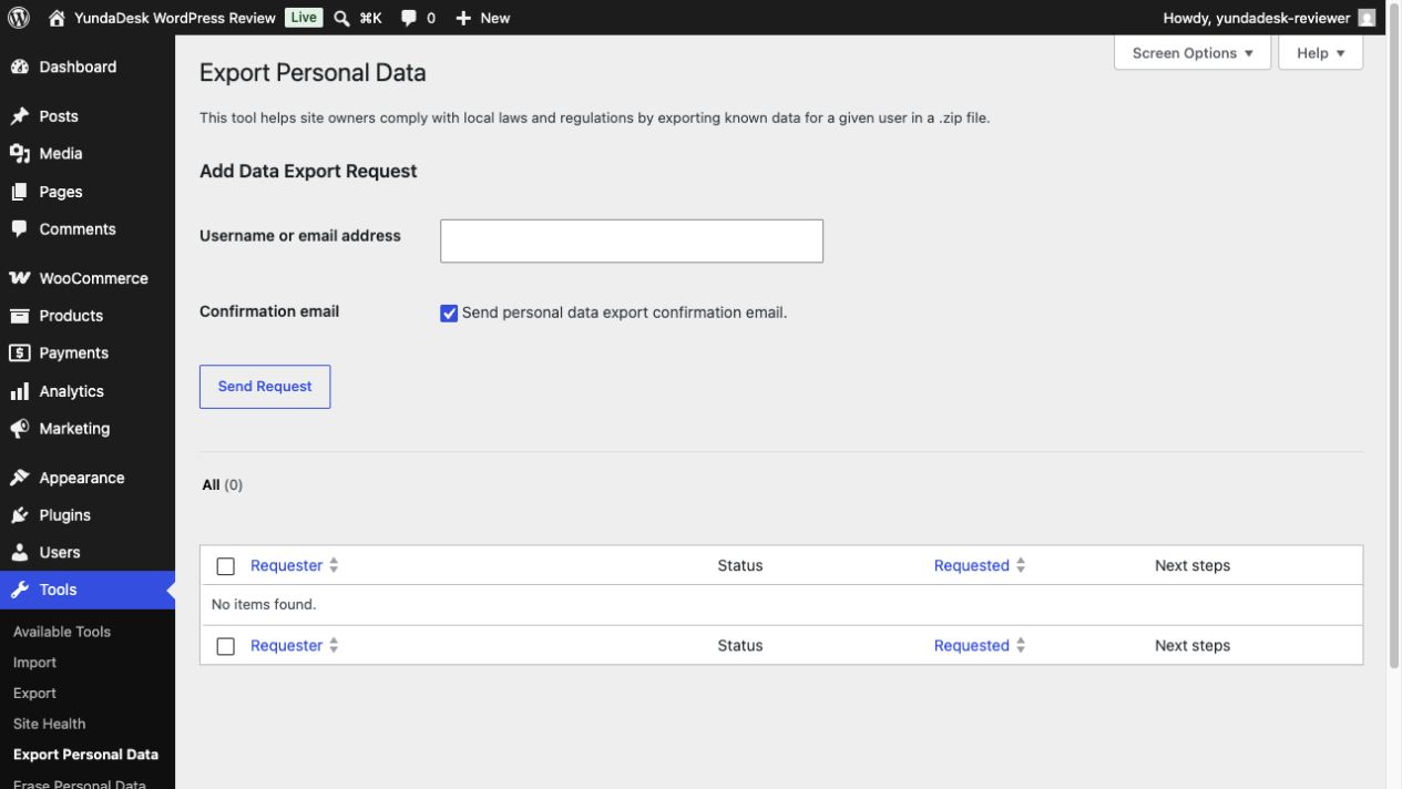 WordPress personal-data export and erasure tools
