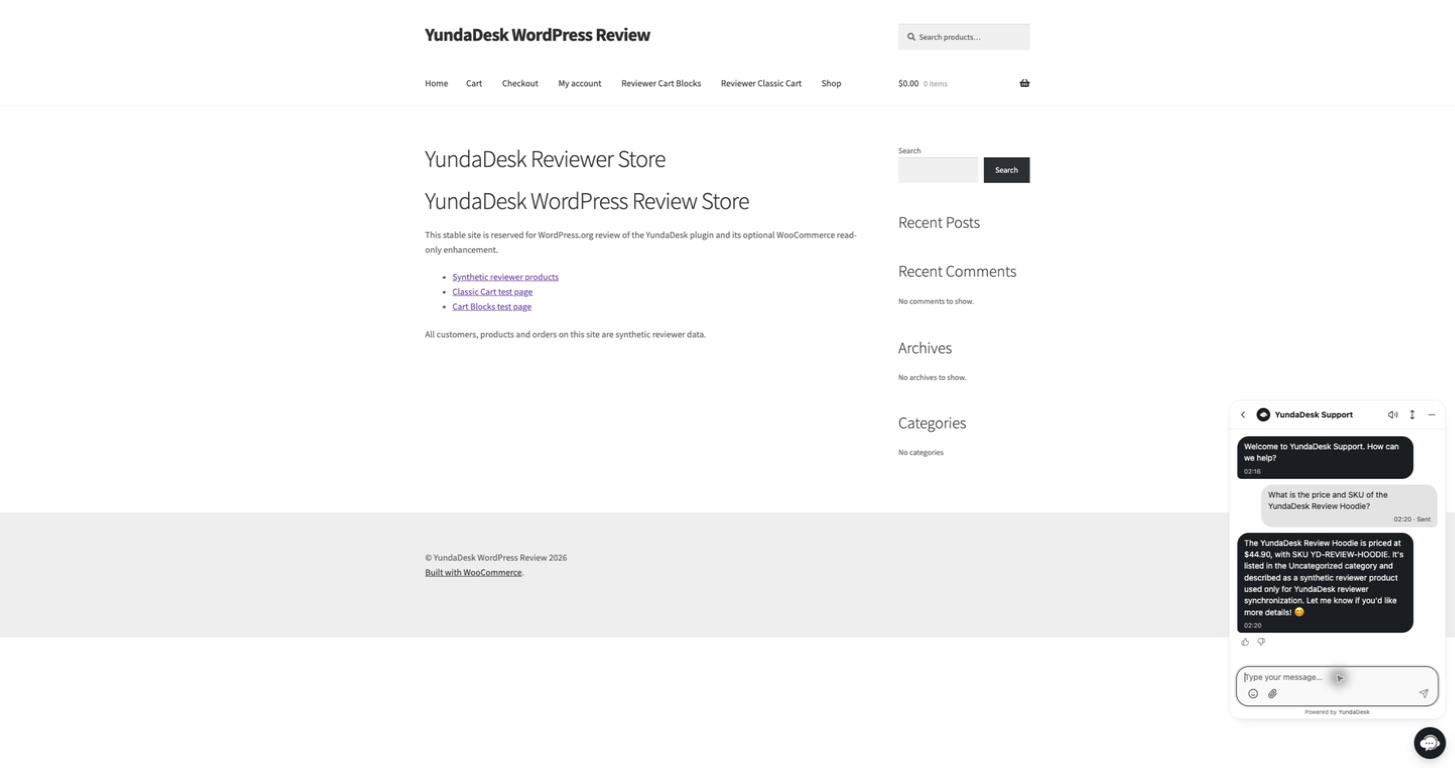 The YundaDesk Widget receiving a real reply on the WordPress storefront